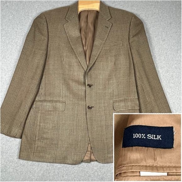 Chaps Other - Men's Chaps Ralph Lauren 100% Silk Tan Houndstooth 2-Button 44L Blazer Jacket